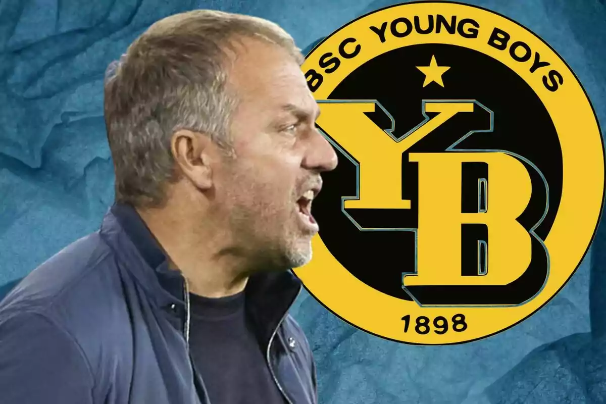 Un hombre de perfil gritando con el logo del BSC Young Boys de fondo.