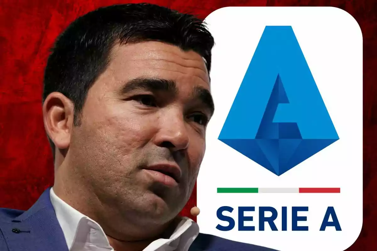 Hombre de traje junto al logo de la Serie A sobre un fondo rojo.