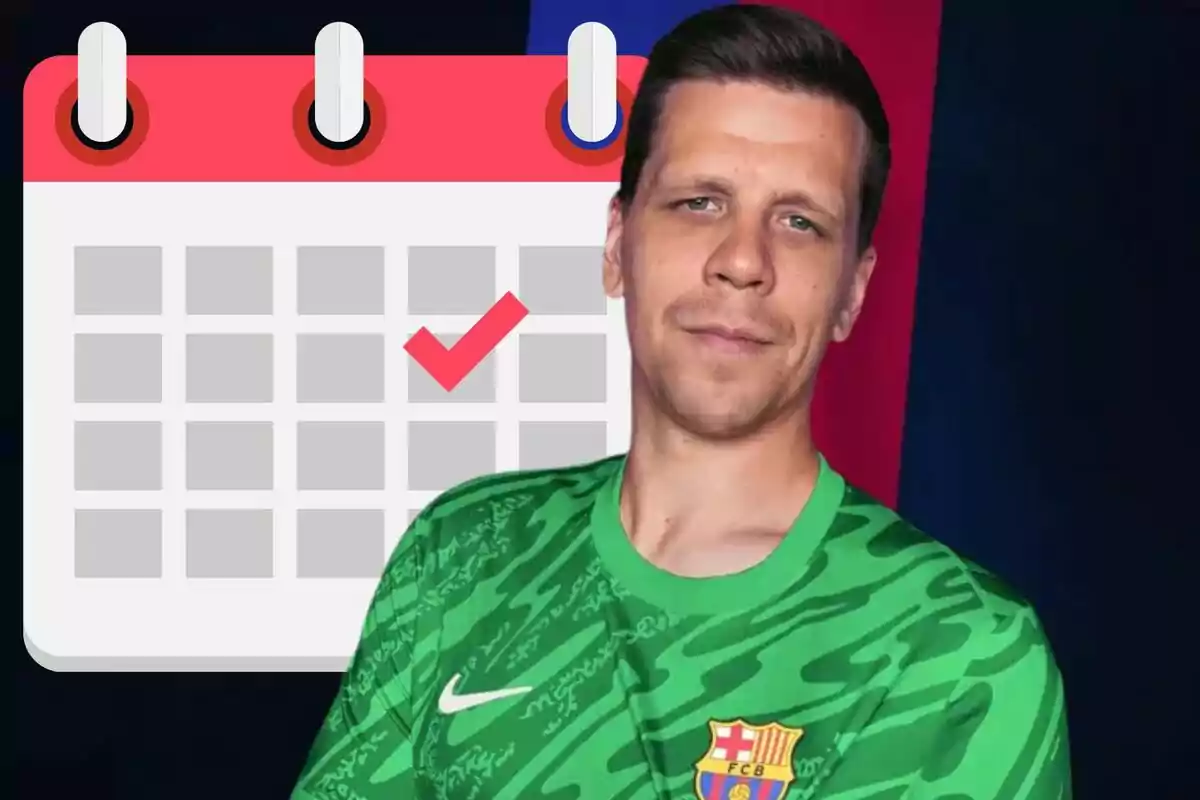 Un hombre con camiseta verde de fútbol frente a un calendario con un símbolo de verificación.