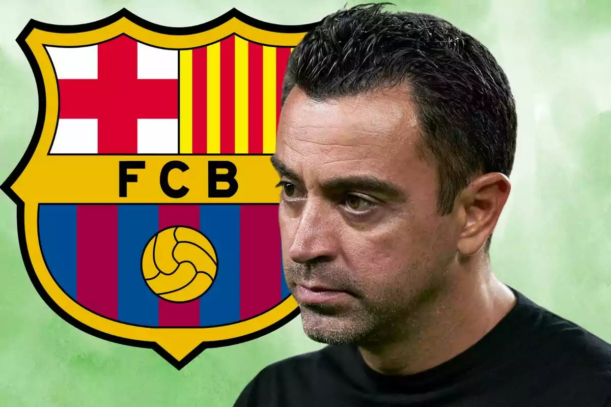 A man with a serious expression in front of the FC Barcelona crest.