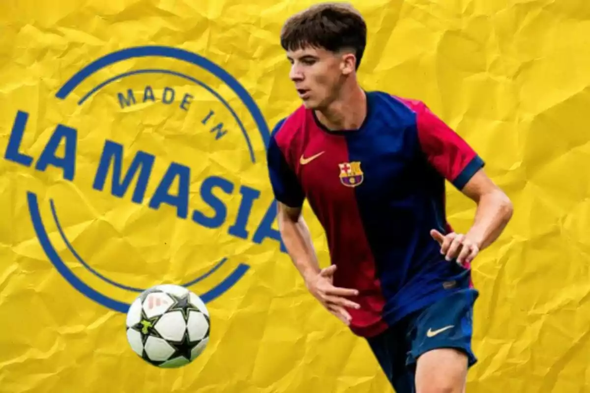 Jugador de fútbol con uniforme del FC Barcelona sobre fondo amarillo con el texto "Made in La Masia".