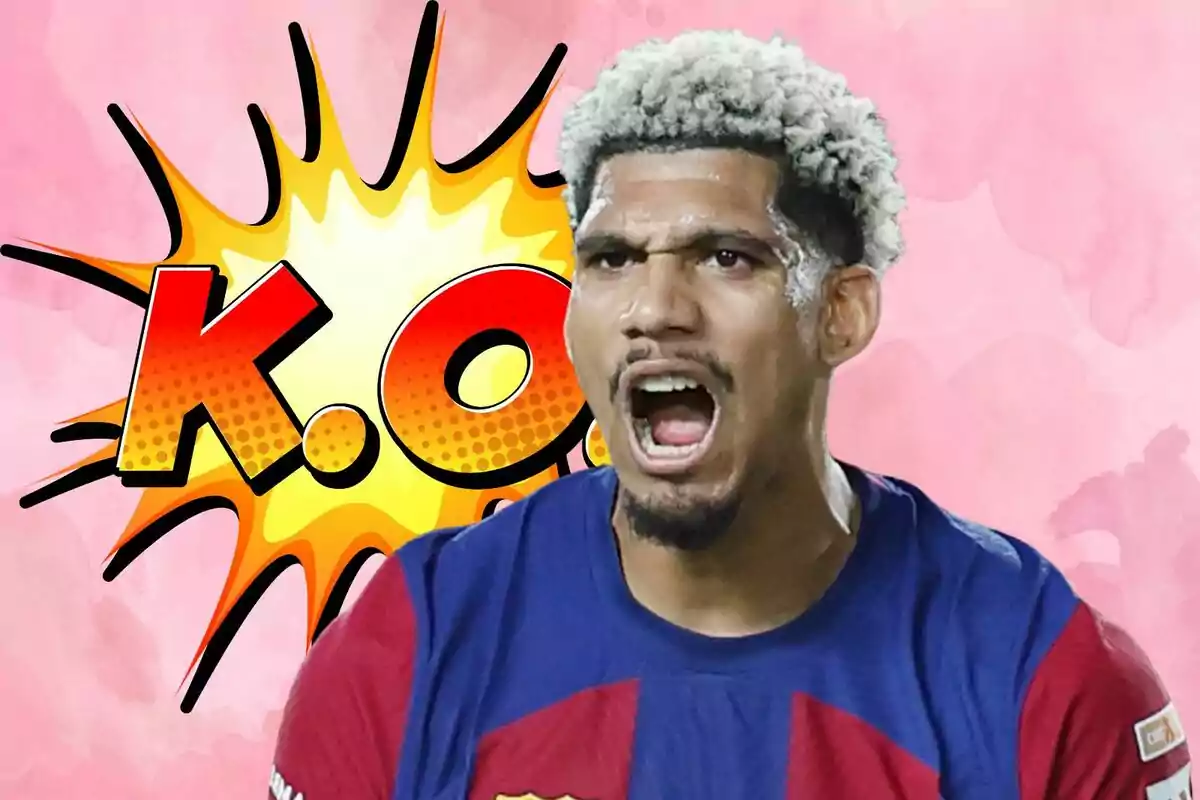 Un jugador de fútbol con expresión intensa y fondo de cómic con la palabra "K.O."