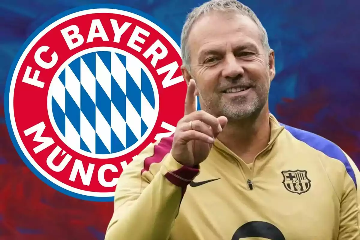 Hombre sonriendo con el logo del FC Bayern Munich de fondo.