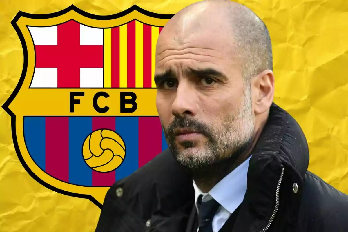 A bearded man in a dark jacket in front of the FC Barcelona crest on a yellow background.