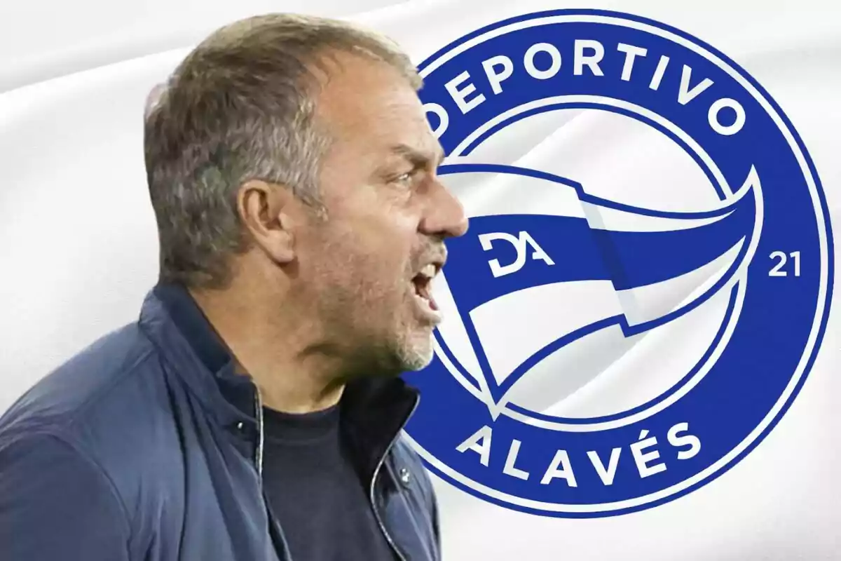 Un hombre gritando con el logo del Deportivo Alavés de fondo.