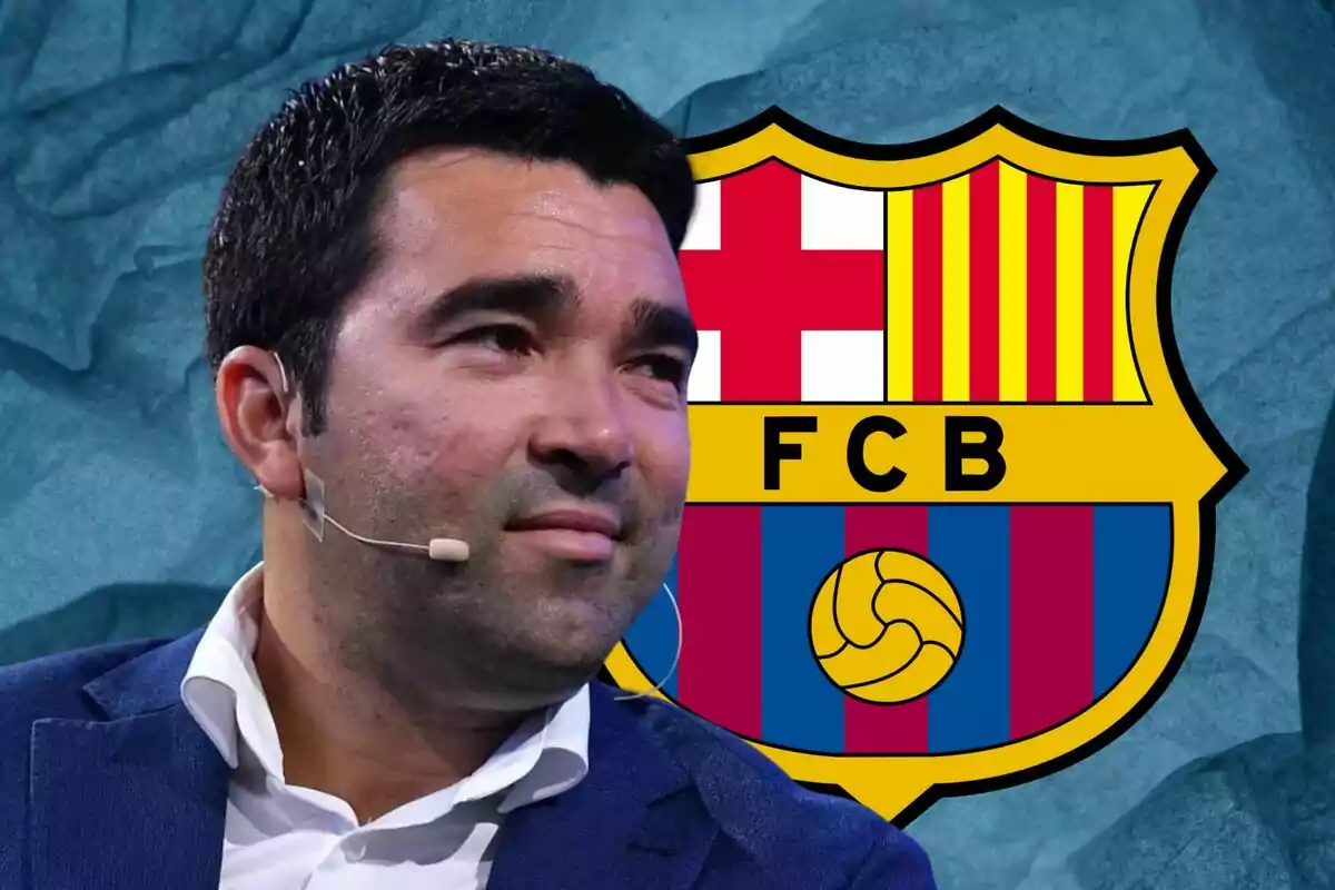 A man with a headset microphone in front of the FC Barcelona crest.
