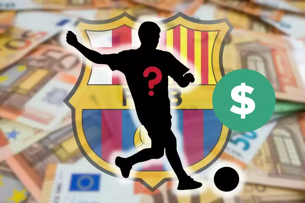 Silueta de un jugador de fútbol con un signo de interrogación en el pecho, sobre el escudo del FC Barcelona y un fondo de billetes de euro, con un símbolo de dólar verde a la derecha.