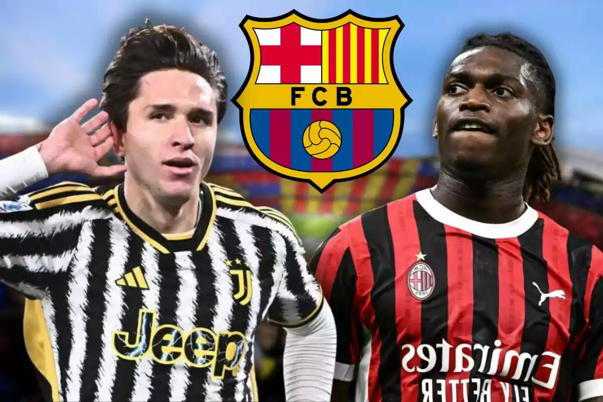 Dos jugadores de fútbol, uno con el uniforme de la Juventus y otro con el uniforme del AC Milan, con el escudo del FC Barcelona en el centro.