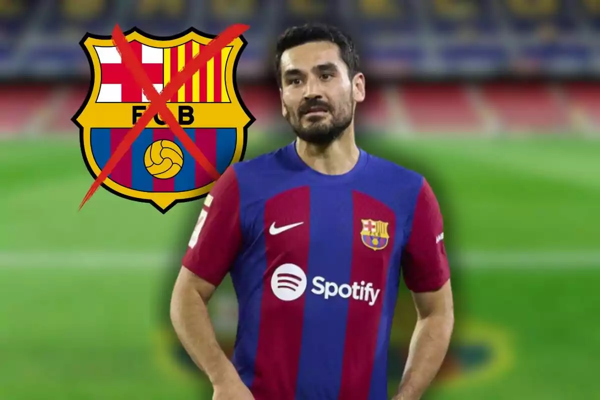 Un jugador de fútbol con el uniforme del FC Barcelona aparece en la imagen, con el escudo del club tachado en el fondo.