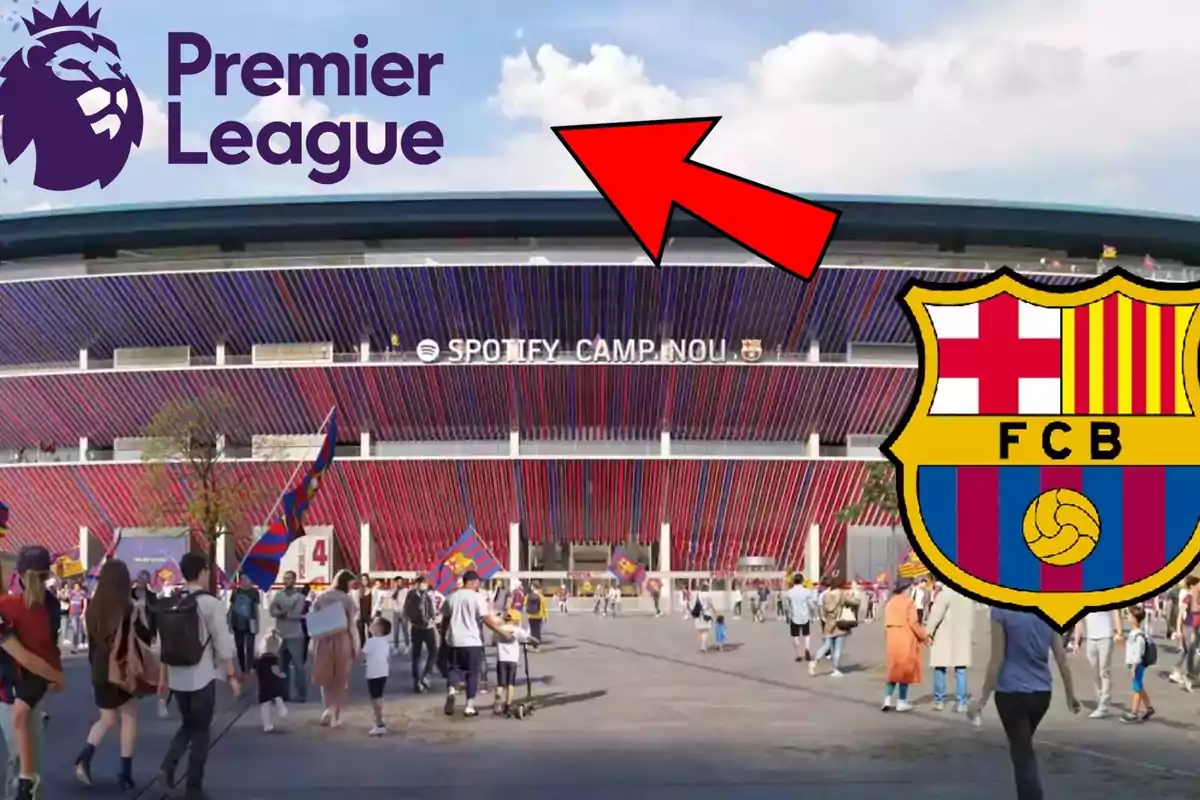 Imagen del estadio Spotify Camp Nou con el logo de la Premier League y el escudo del FC Barcelona.