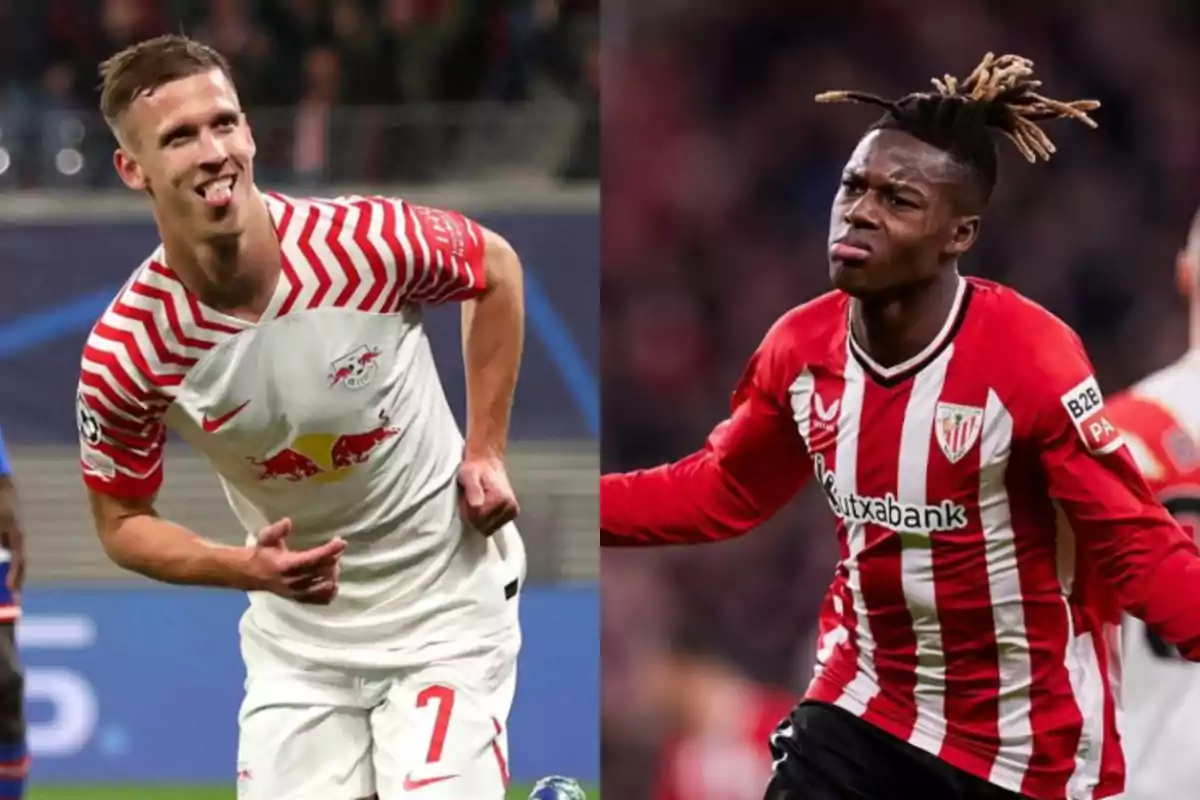 Dos futbolistas en el campo, uno con la camiseta del RB Leipzig y el otro con la del Athletic Club.