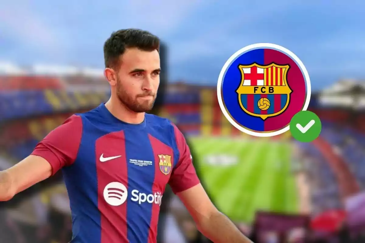 Jugador del FC Barcelona con el logo del club y el estadio de fondo.