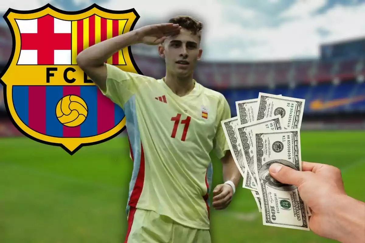 Un jugador de fútbol saludando con el escudo del FC Barcelona y una mano sosteniendo billetes en primer plano.