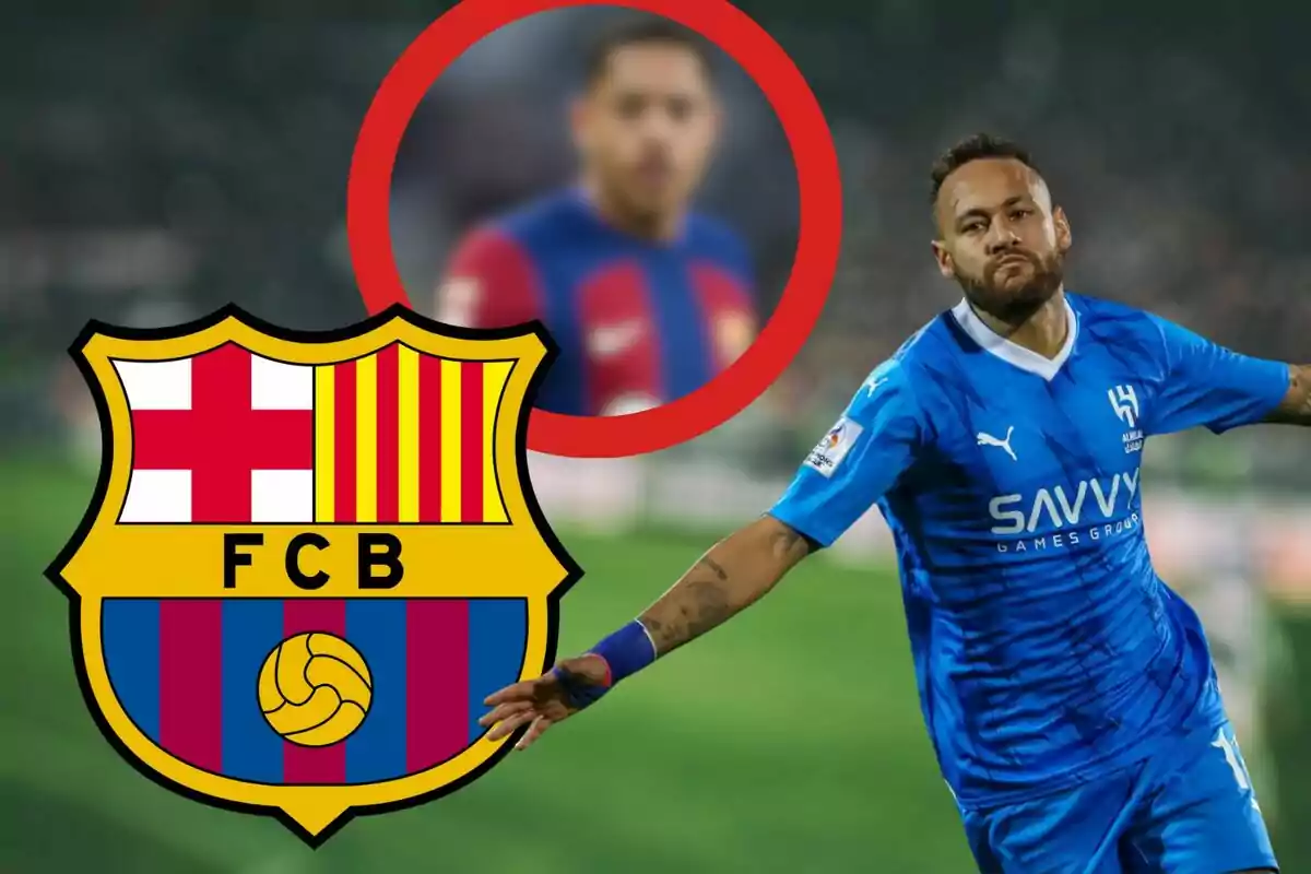 Un jugador de fútbol con uniforme azul celebra mientras el escudo del FC Barcelona y la imagen borrosa de otro jugador aparecen en el fondo.