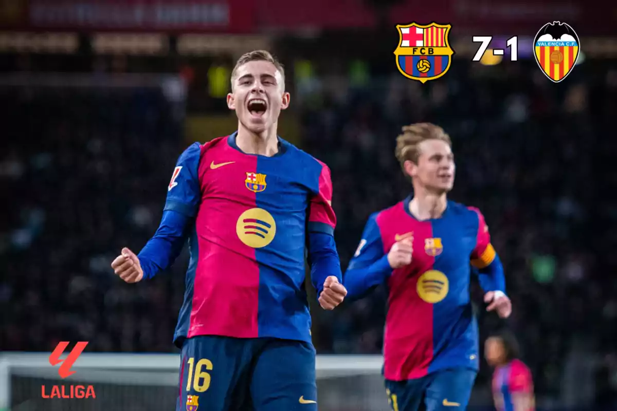 FC Barcelona players celebrate a goal in a match against Valencia CF, with the score showing 7-1 in favor of Barcelona.