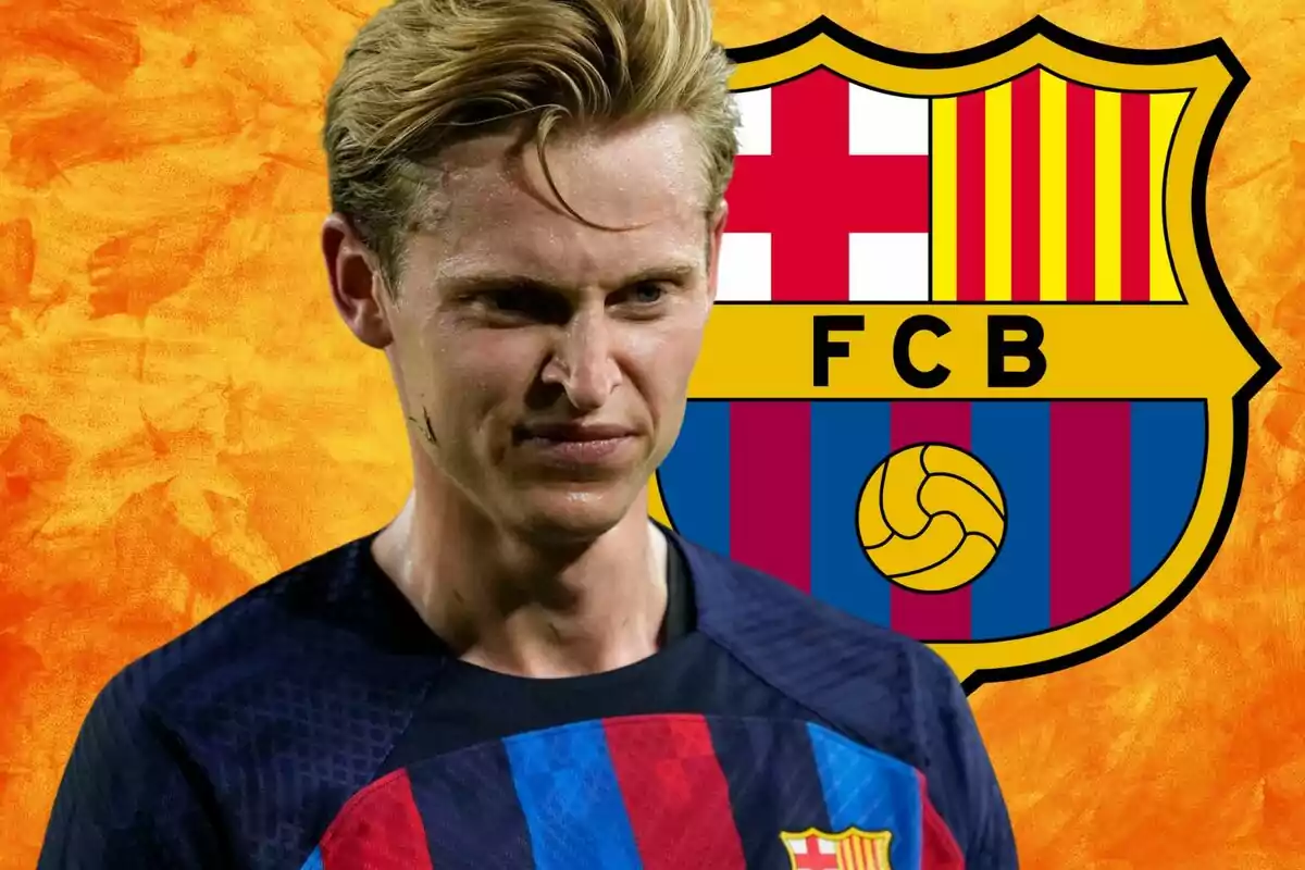 A soccer player wearing the FC Barcelona uniform in front of the team's crest and an orange background.