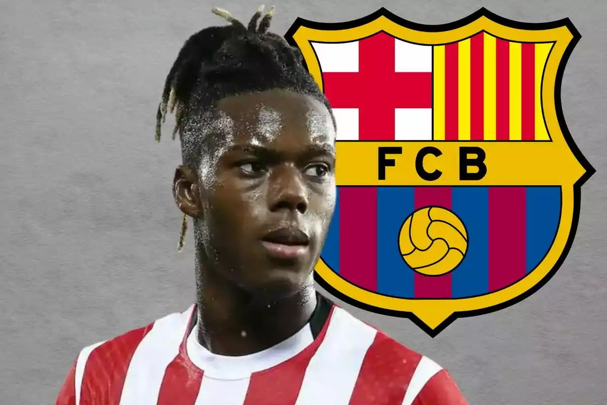 A football player in a red and white uniform in front of the FC Barcelona crest.