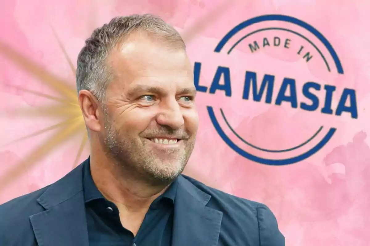 Un hombre sonriente con cabello corto y canoso, vestido con una chaqueta azul, frente a un fondo rosa con un logotipo que dice "Made in La Masia".