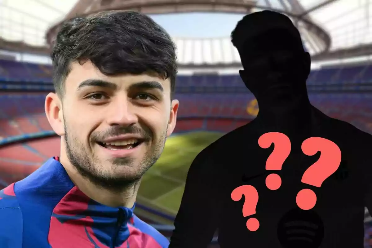 Un jugador de fútbol sonriente con el uniforme del FC Barcelona, junto a una silueta oscura con signos de interrogación en un estadio.