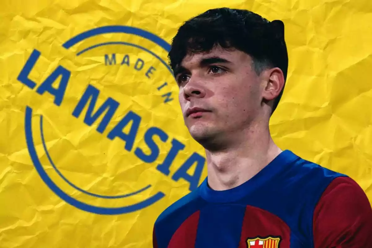 Un jugador de fútbol con la camiseta del FC Barcelona frente a un fondo amarillo con el texto "Made in La Masia".