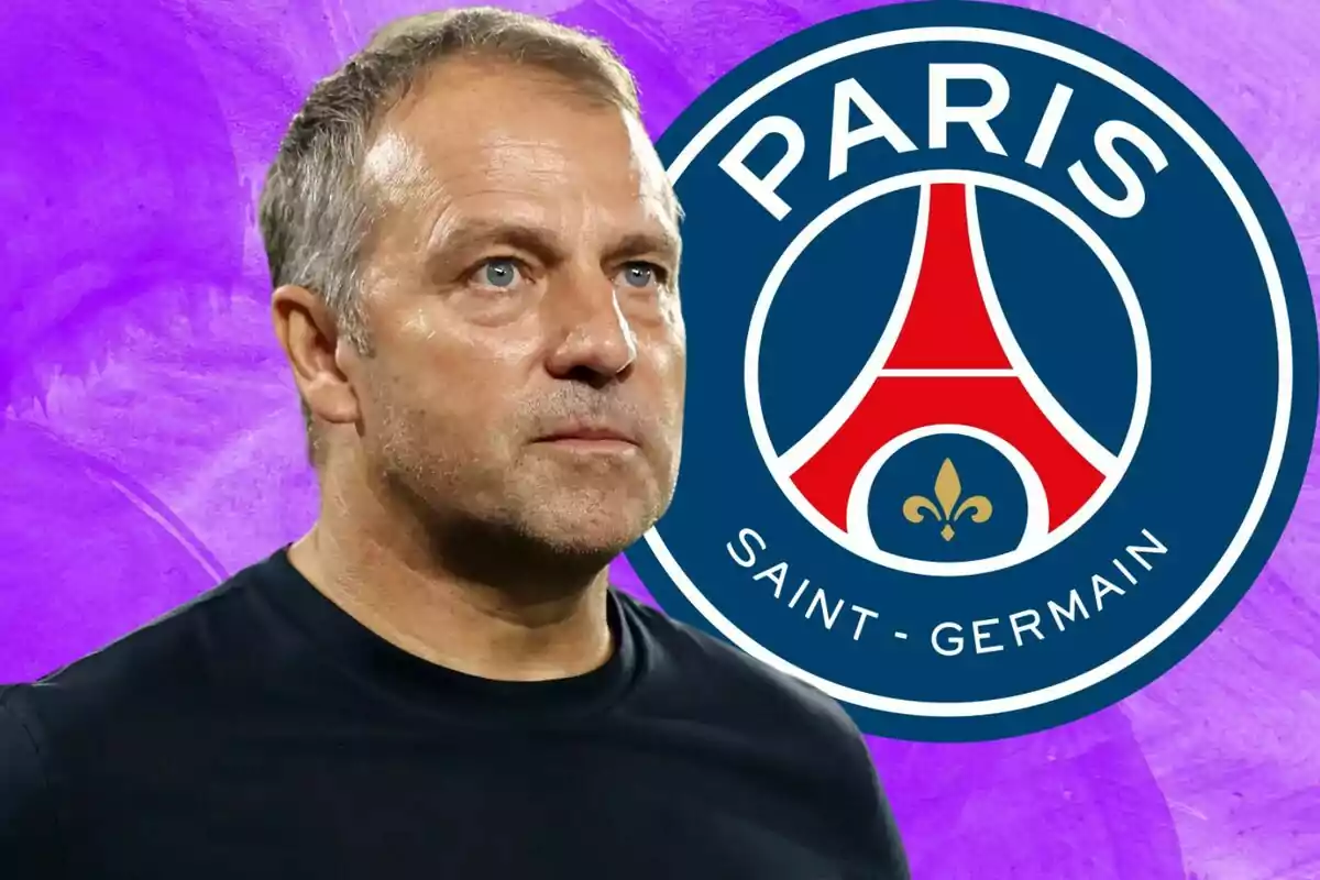 Un hombre con una camiseta negra está frente a un logotipo del Paris Saint-Germain sobre un fondo morado.