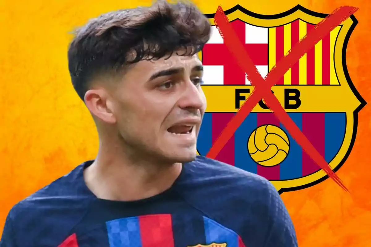 Un jugador de fútbol con la camiseta del FC Barcelona aparece en primer plano, mientras que el escudo del club está tachado con una gran X roja en el fondo.