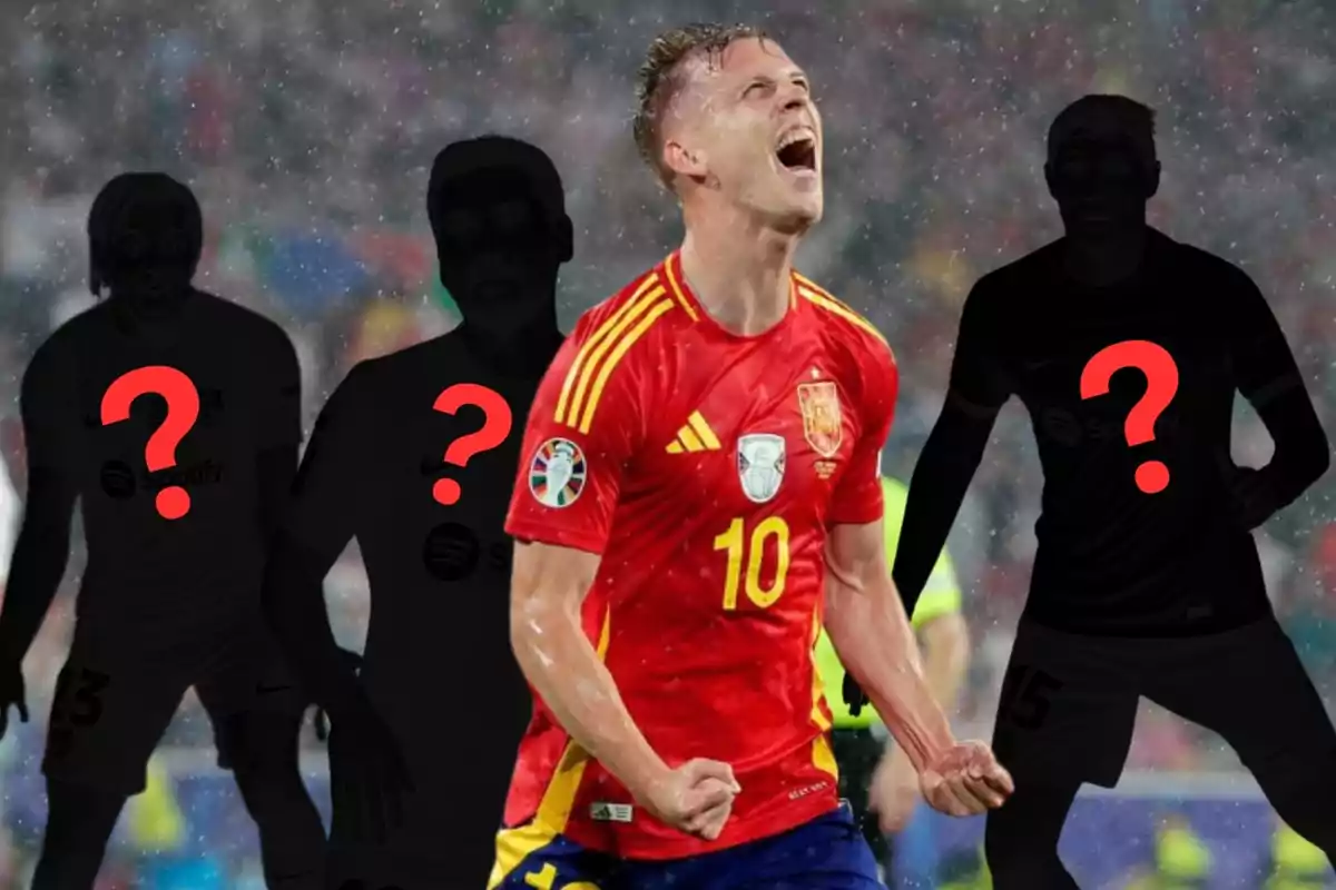 Un jugador de fútbol con la camiseta de la selección española celebra efusivamente, mientras que detrás de él hay tres figuras sombreadas con signos de interrogación rojos en sus torsos.