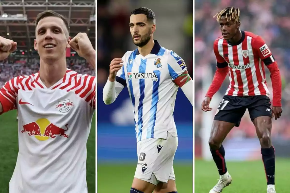 Tres jugadores de fútbol con sus respectivos uniformes de los equipos RB Leipzig, Real Sociedad y Athletic Club.