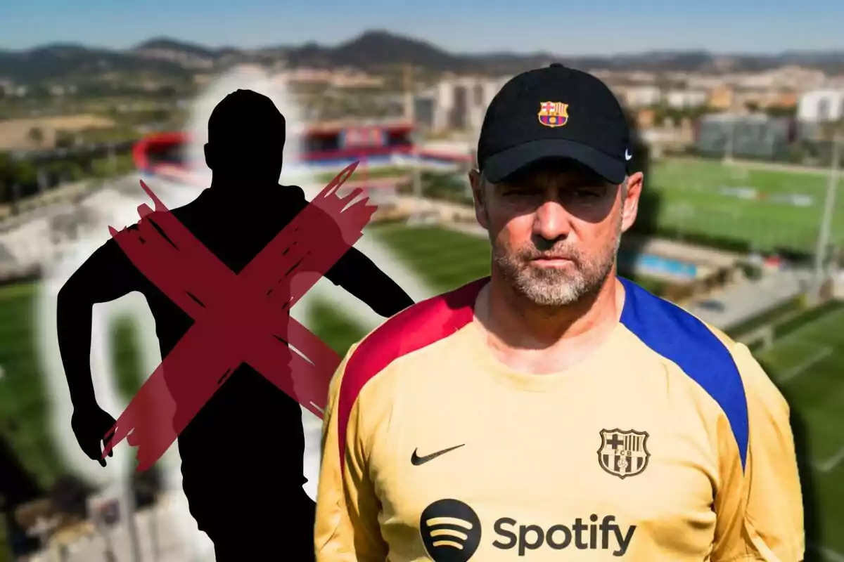 Un hombre con gorra y camiseta del FC Barcelona aparece en primer plano, mientras que en el fondo se ve un estadio de fútbol y una silueta de jugador tachada con una X roja.