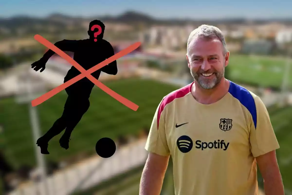 Un hombre sonriente con una camiseta del FC Barcelona y el logo de Spotify, junto a una silueta de un jugador de fútbol tachada con una X roja y un signo de interrogación en la cabeza, con un campo de fútbol desenfocado de fondo.