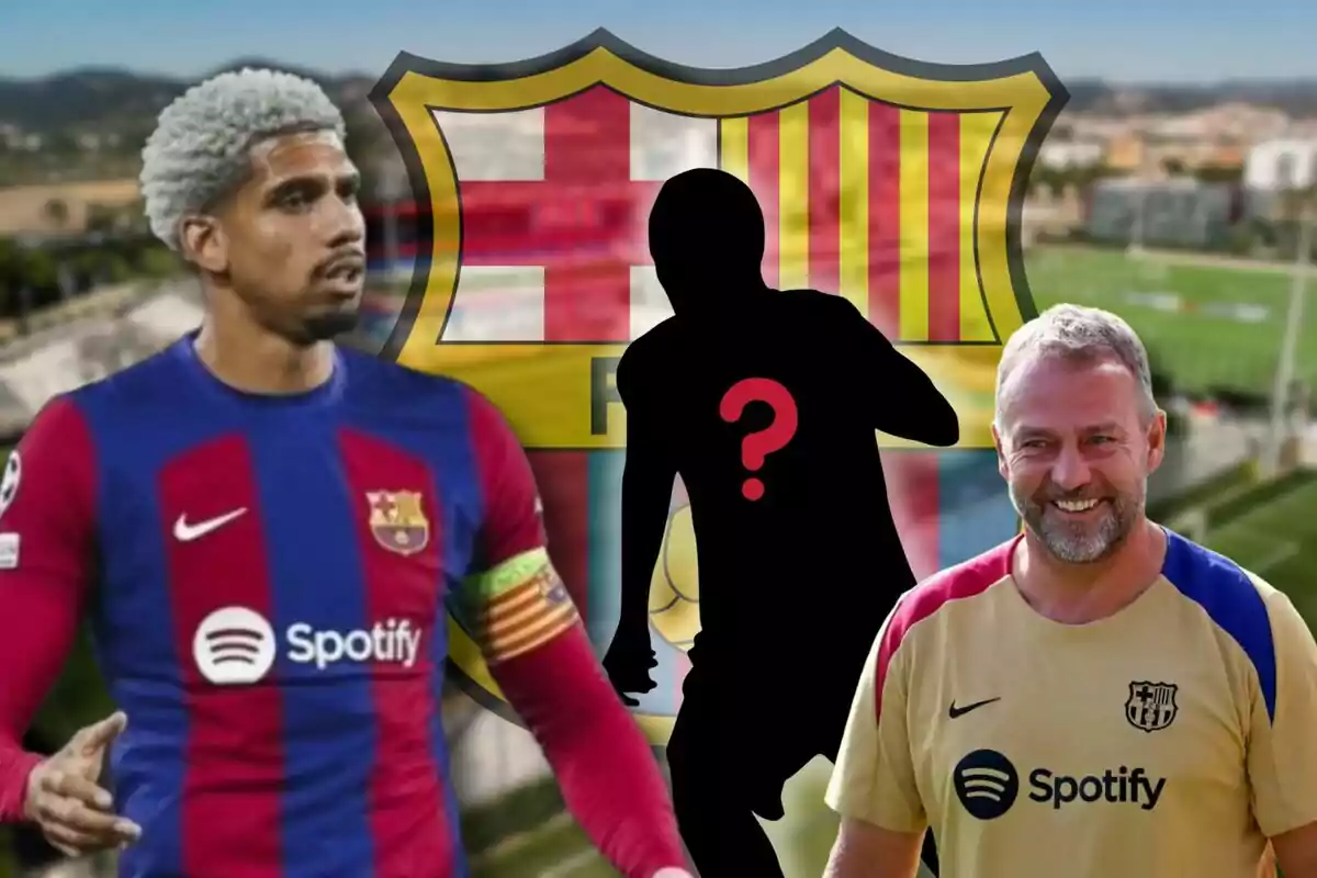 Un jugador del FC Barcelona con el uniforme del equipo, un entrenador con una camiseta de entrenamiento y una silueta con un signo de interrogación frente al escudo del club.