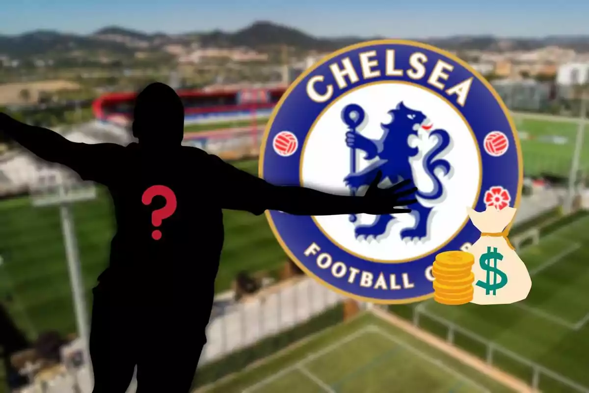 Silueta de un jugador de fútbol con un signo de interrogación frente al logo del Chelsea FC y un saco de dinero en un estadio.