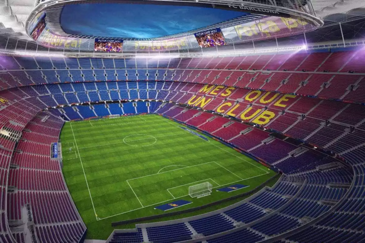 Proyecto del estadio del Barça Camp Nou por dentro con gradas blaugranas cubiertas por un techo incompleto y el lema 'Més que un club'