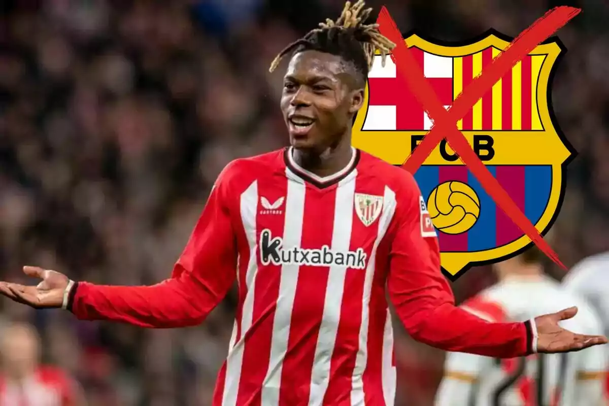 Un jugador del Athletic Club de Bilbao con los brazos extendidos y una expresión de confusión o desdén, con el escudo del FC Barcelona tachado en el fondo.