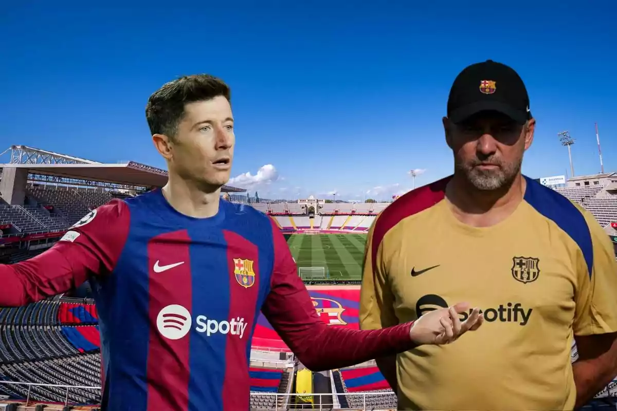 Dos personas con camisetas del FC Barcelona en un estadio de fútbol.