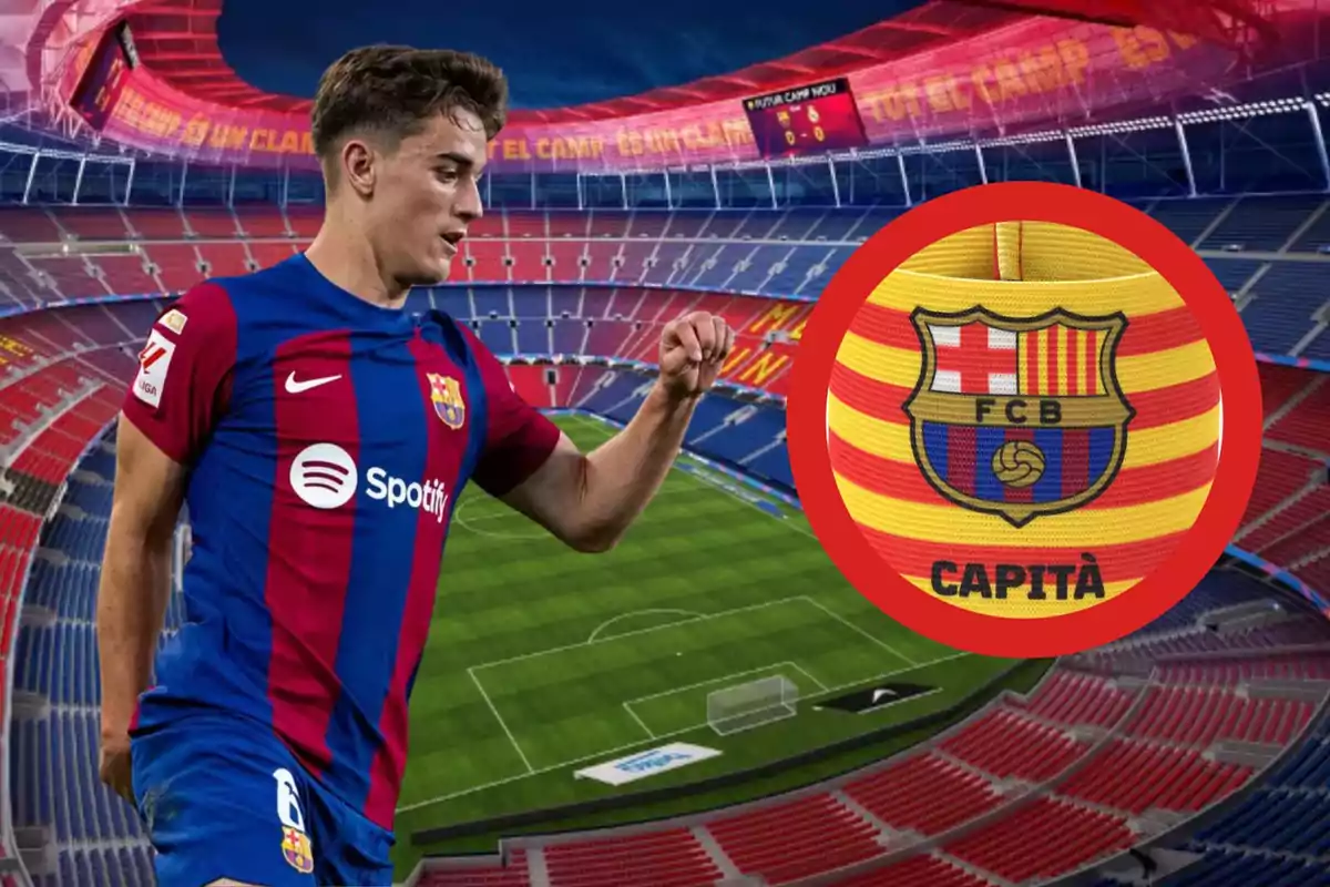 Jugador del FC Barcelona en el estadio Camp Nou con el escudo del club y la palabra "Capità"