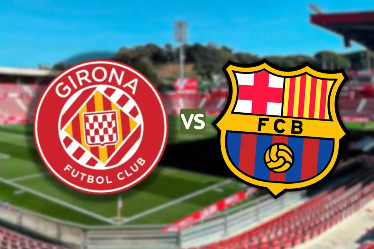 Logos de los equipos de fútbol Girona y FC Barcelona en un estadio con la palabra "vs" en el centro.