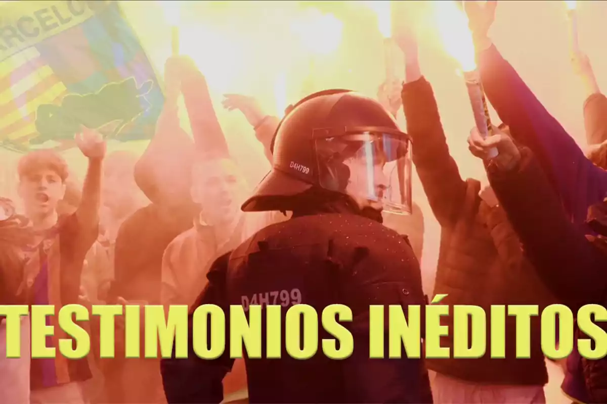 A group of people holds lit flares while a helmeted police officer watches, with a sign that says "Unpublished Testimonies."