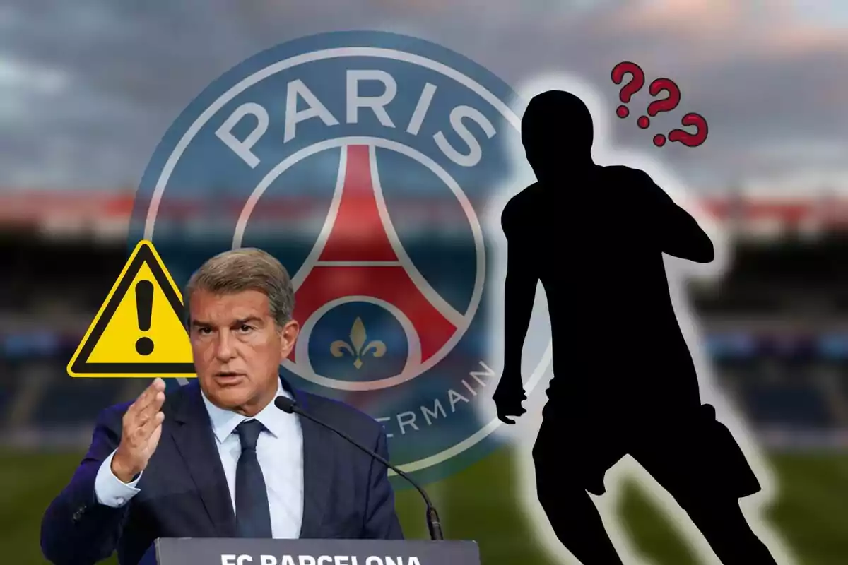 Un hombre hablando en un podio con el logo del Paris Saint-Germain de fondo, una silueta de jugador con signos de interrogación y un icono de advertencia.