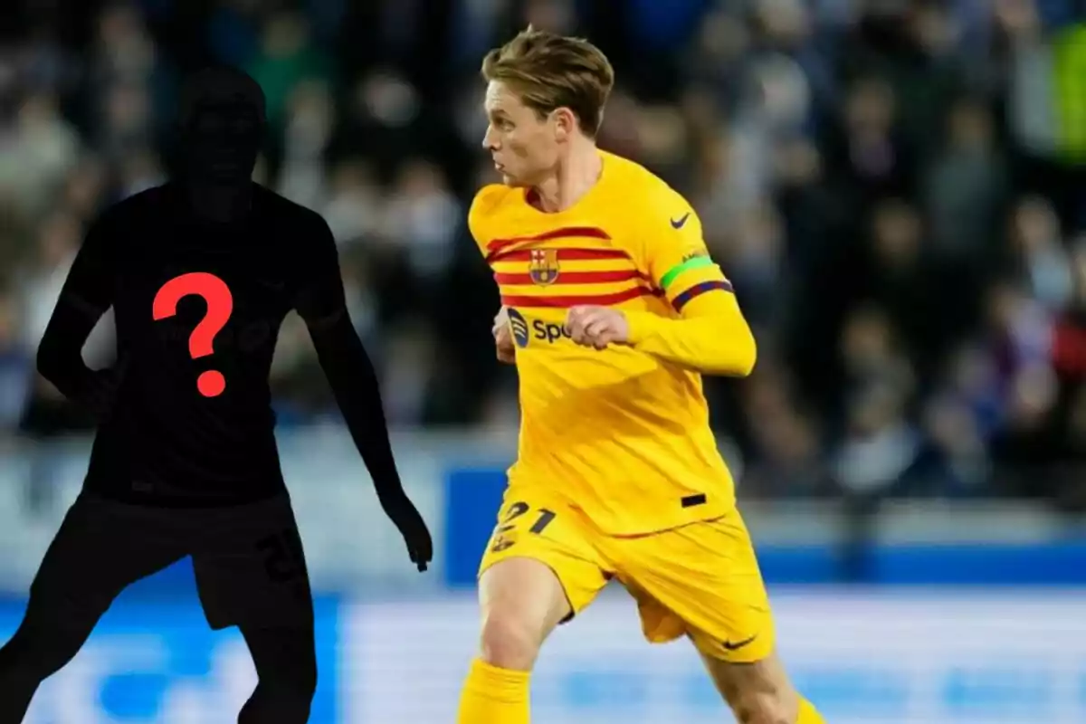 Un jugador de fútbol con uniforme amarillo del FC Barcelona corre en el campo mientras una silueta oscura con un signo de interrogación rojo está a su lado.