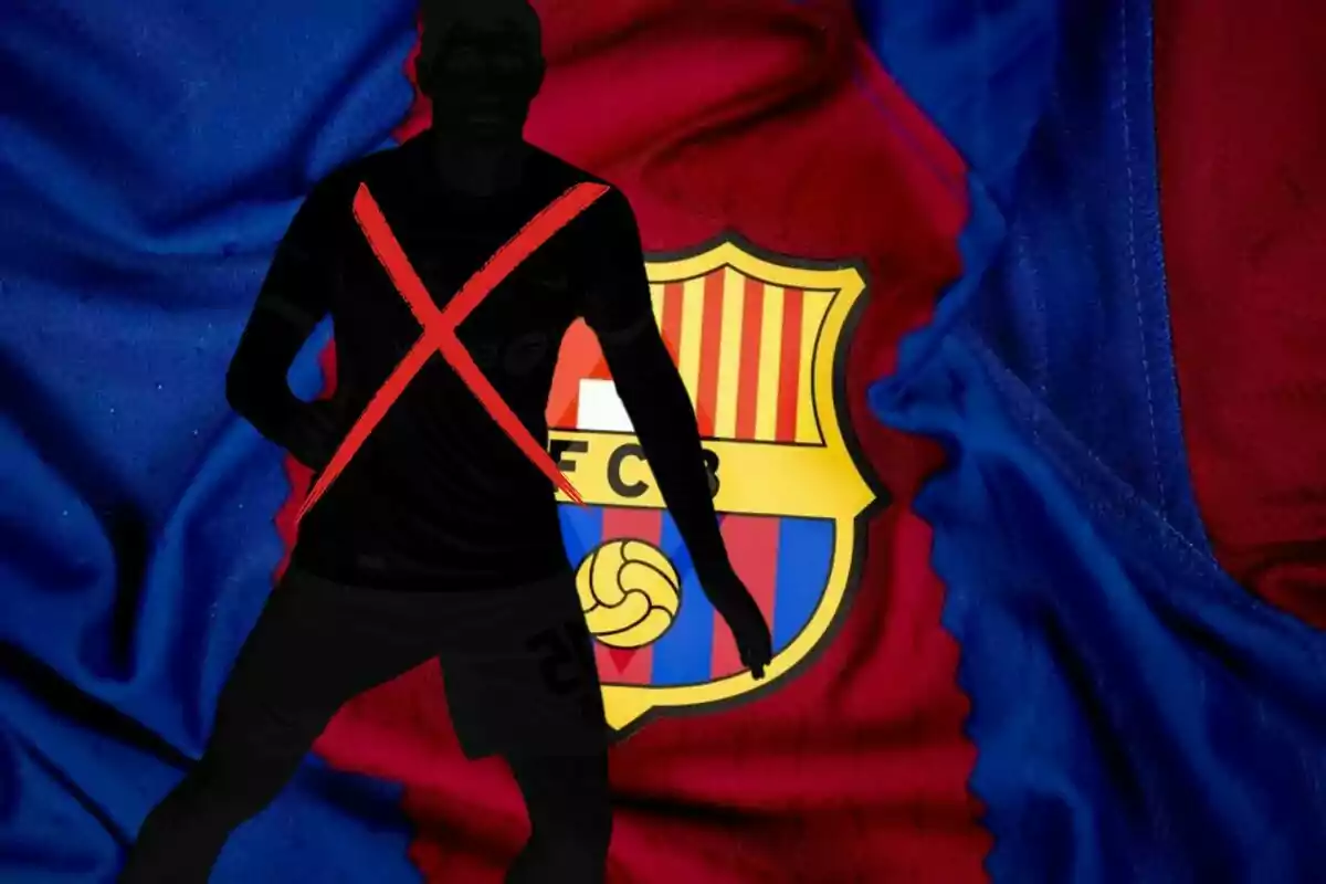 Silueta de un jugador de fútbol con una X roja sobre él, frente al escudo del FC Barcelona en un fondo de tela azul y grana.