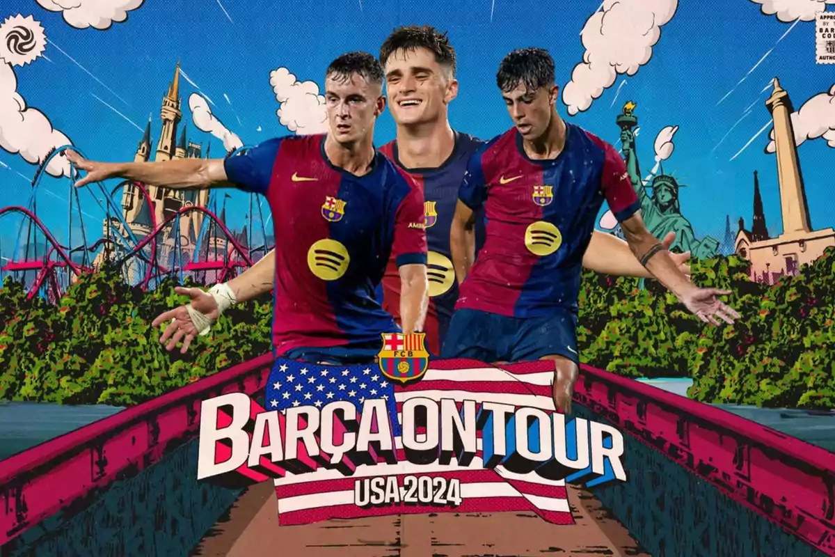 Imagen promocional del Barça On Tour USA 2024, con tres jugadores del FC Barcelona en primer plano y un fondo que incluye la Estatua de la Libertad, un castillo y una montaña rusa.