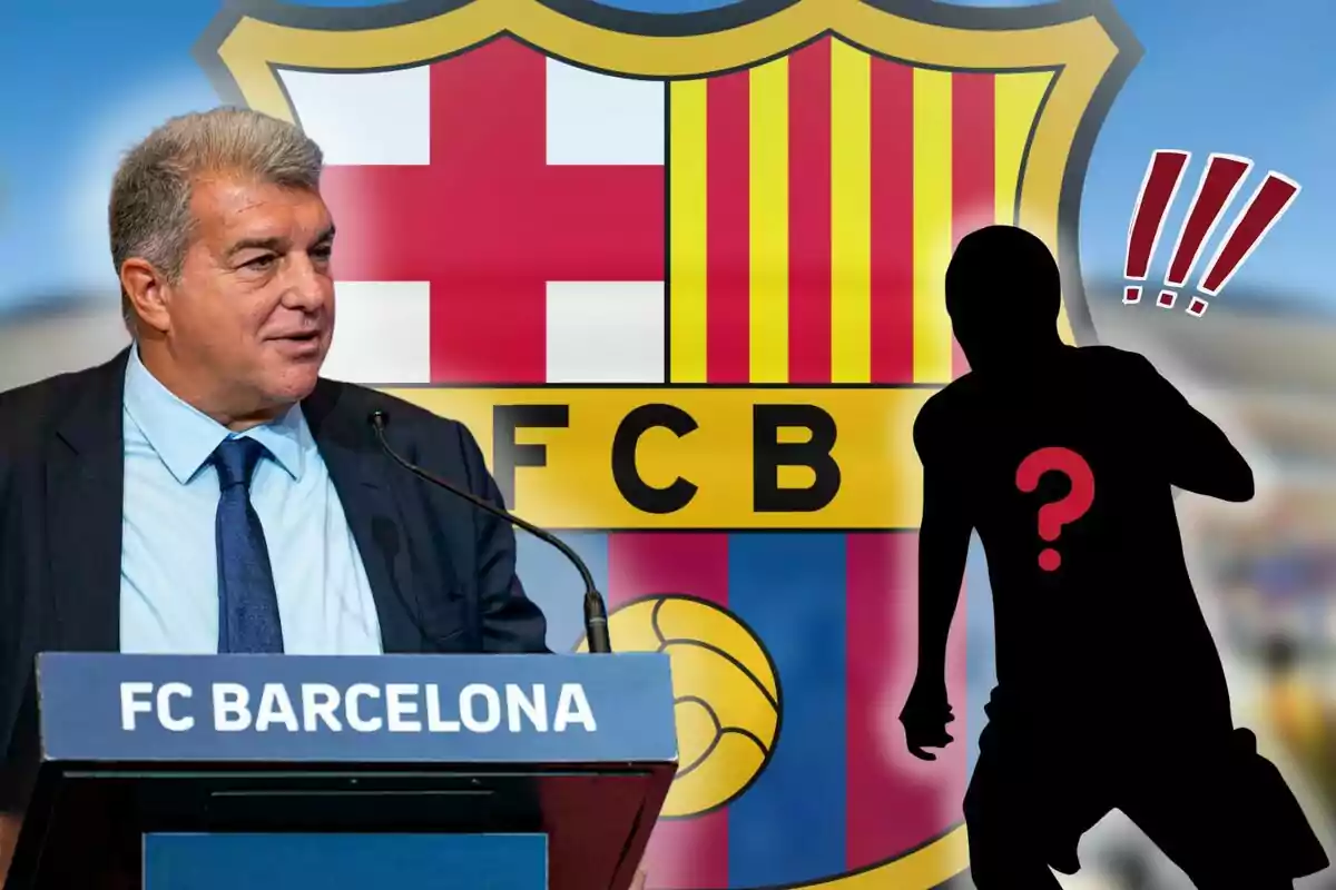 Hombre de traje hablando en un podio con el logo del FC Barcelona de fondo y la silueta de una persona con un signo de interrogación y signos de exclamación.