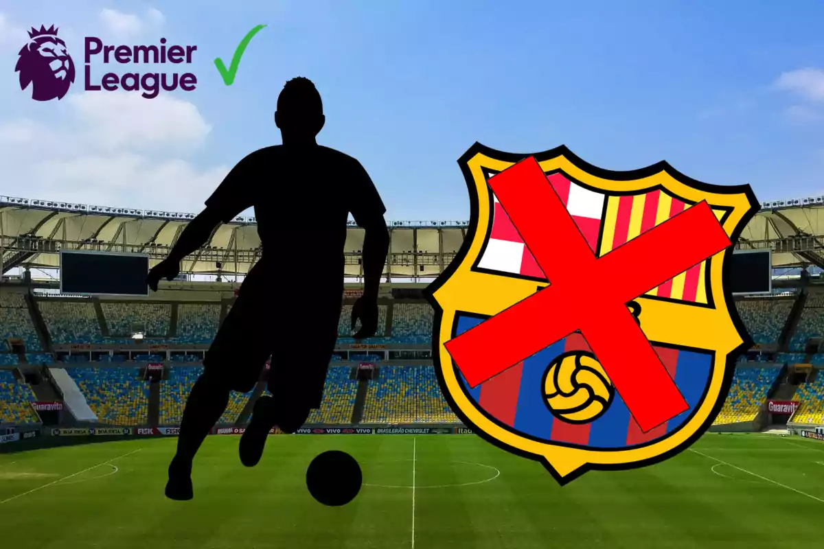 Un jugador de fútbol en silueta con un balón, el logo de la Premier League con una marca de verificación verde y el escudo del FC Barcelona con una gran X roja sobre él, todo en un estadio de fútbol vacío.