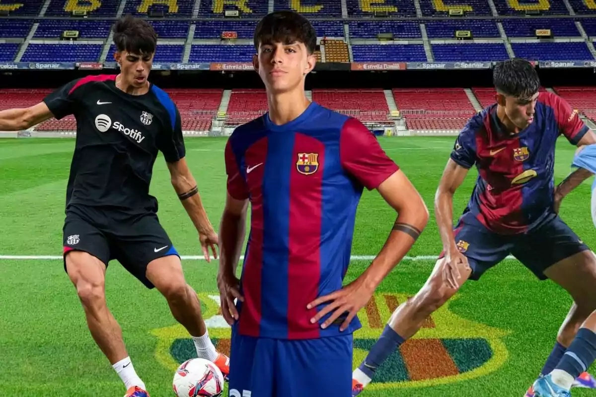 Tres jugadores de fútbol con uniformes del FC Barcelona posan y juegan en el campo del estadio Camp Nou.