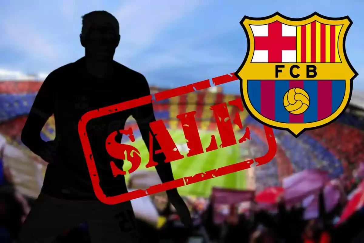 Imagen de un jugador de fútbol sombreado con la palabra "SALE" en rojo y el escudo del FC Barcelona en el fondo de un estadio.