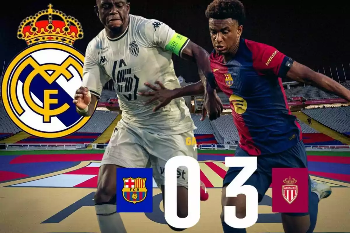 Dos jugadores de fútbol en acción, uno con uniforme blanco y otro con uniforme azul y rojo, con el marcador 0-3 y los escudos de los equipos FC Barcelona y AS Monaco, además del escudo del Real Madrid en el fondo.