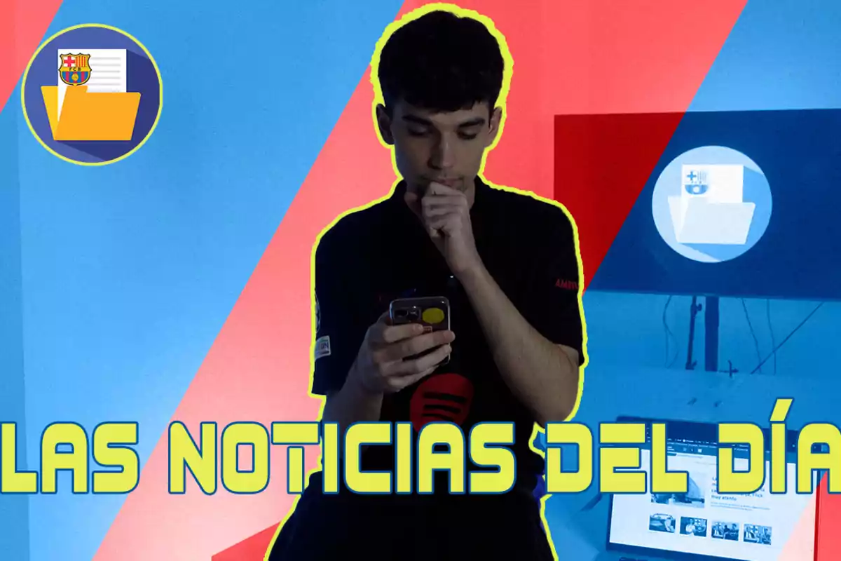 Joven revisando su teléfono con el texto "LAS NOTICIAS DEL DÍA" y un fondo colorido.