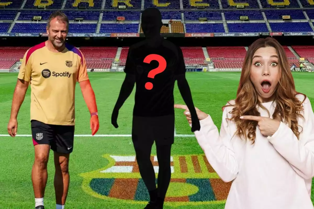 Un hombre con una camiseta del FC Barcelona camina en un estadio mientras una mujer sorprendida señala a una figura sombreada con un signo de interrogación.