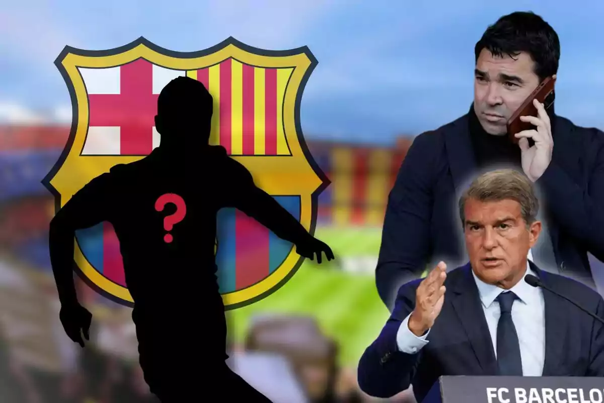 Una silueta de jugador con un signo de interrogación en el pecho, el escudo del FC Barcelona de fondo y dos hombres en traje, uno hablando por teléfono y el otro gesticulando mientras habla.